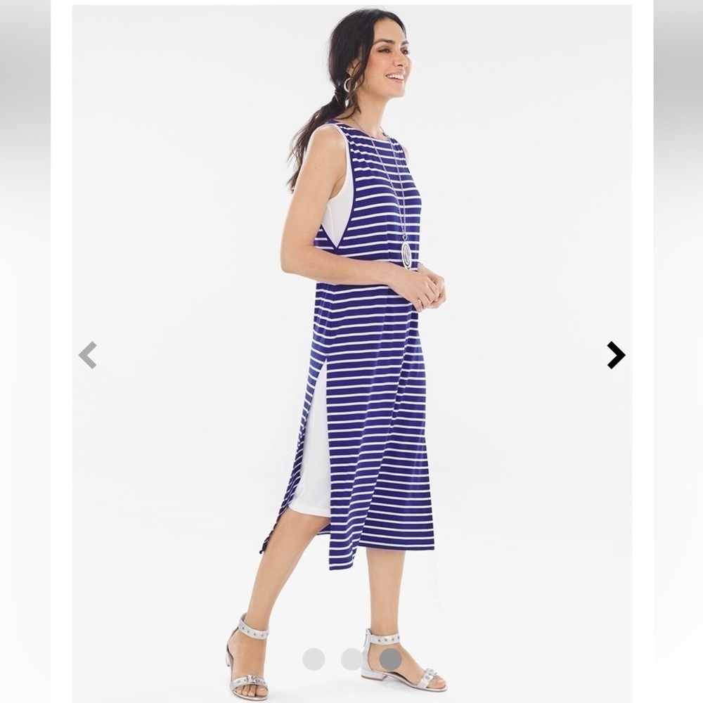 Chicos Sleeveless Blue/White Striped Double Layer Dress. Size 3. P10/A2106